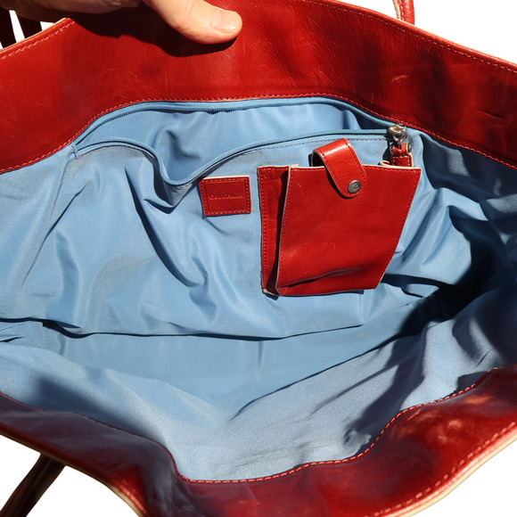 COLE HAAN Deep Red Leather Tote Bag XL Blue Lining Carry All Statement Feminine - Picture 11 of 14
